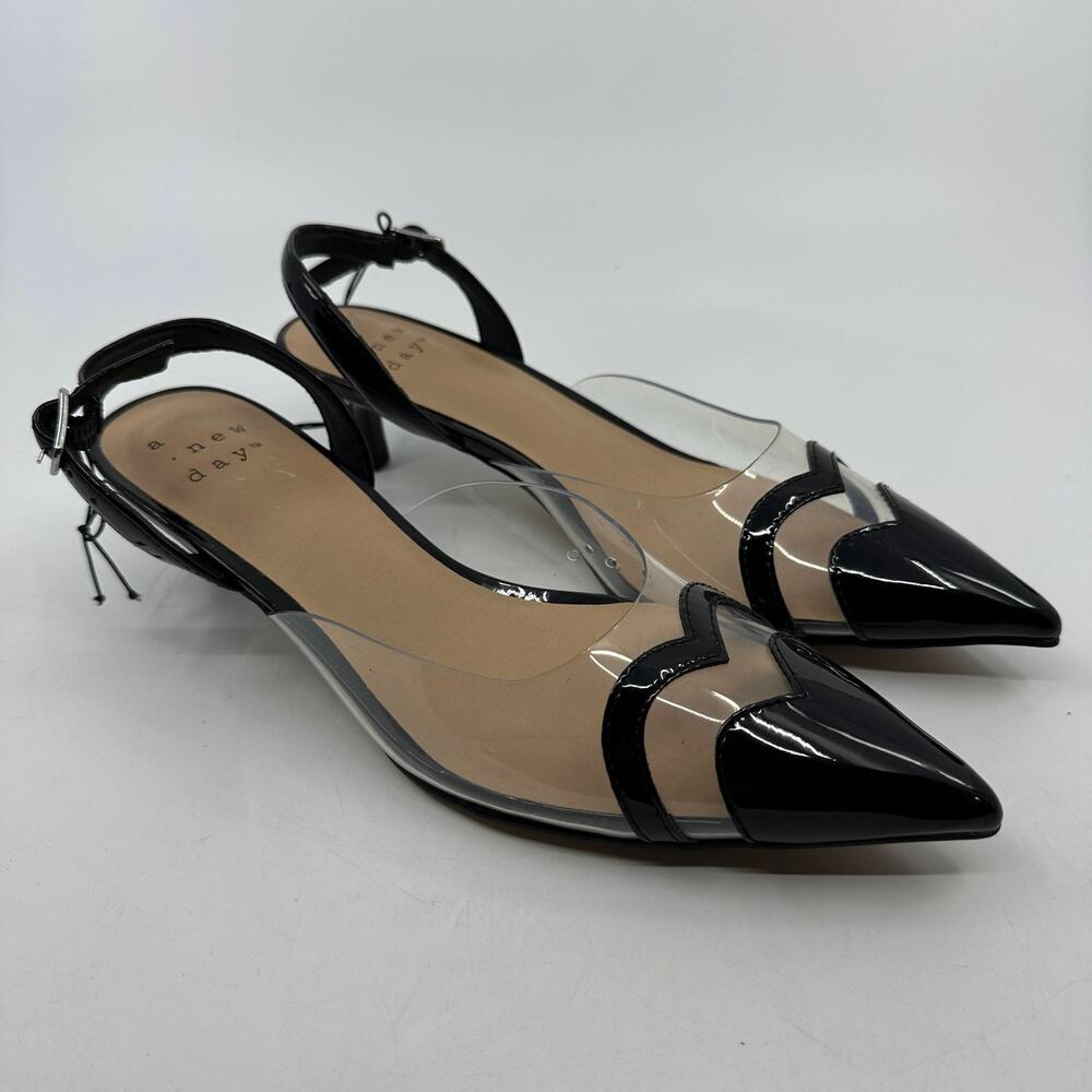 A New Day Eleanor WMNS 6 Black Clear Slingback Pumps Pointed Toe Minimalist Chic